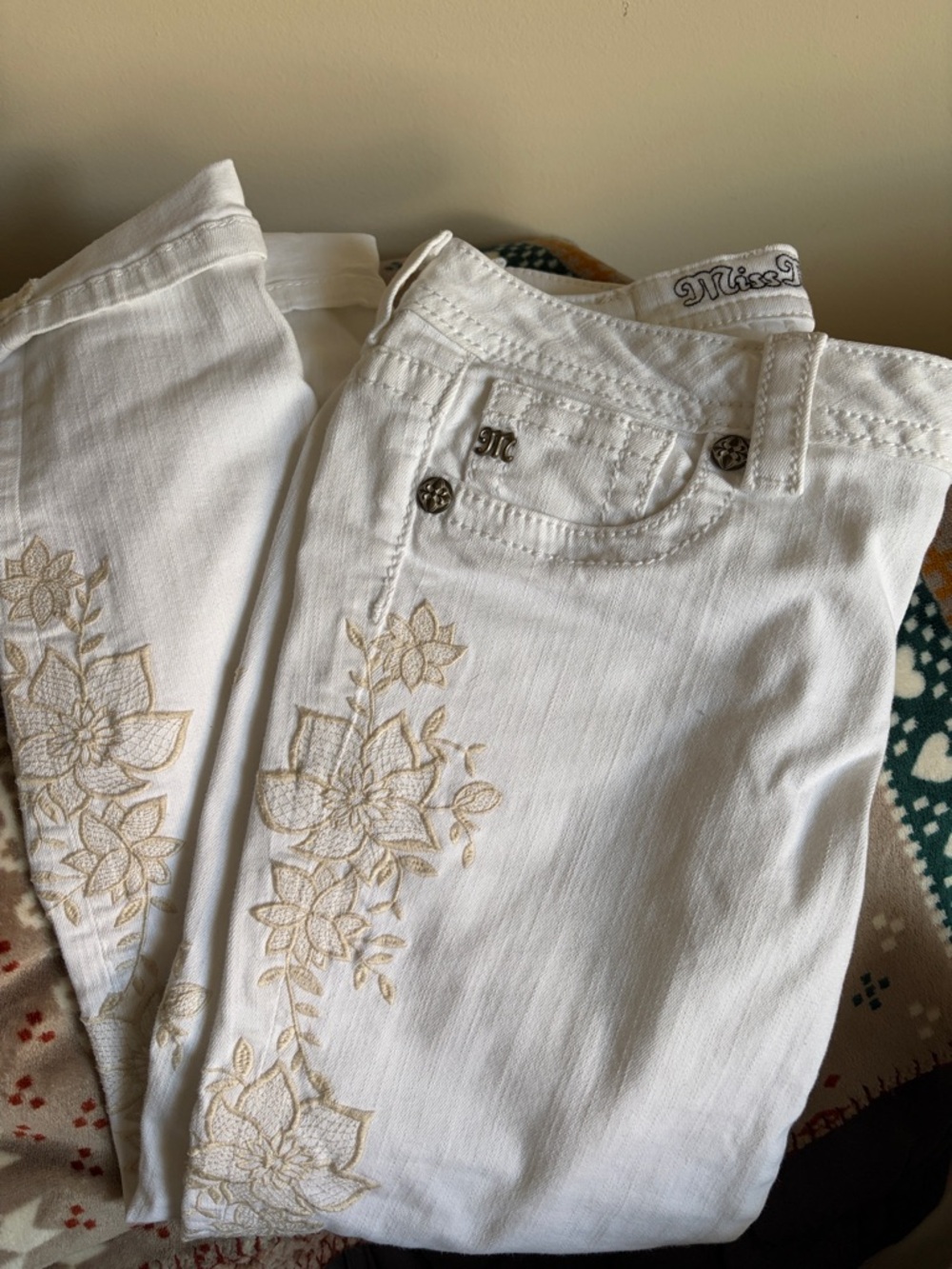 Miss Me White Jeans with Beige Floral Embroidery